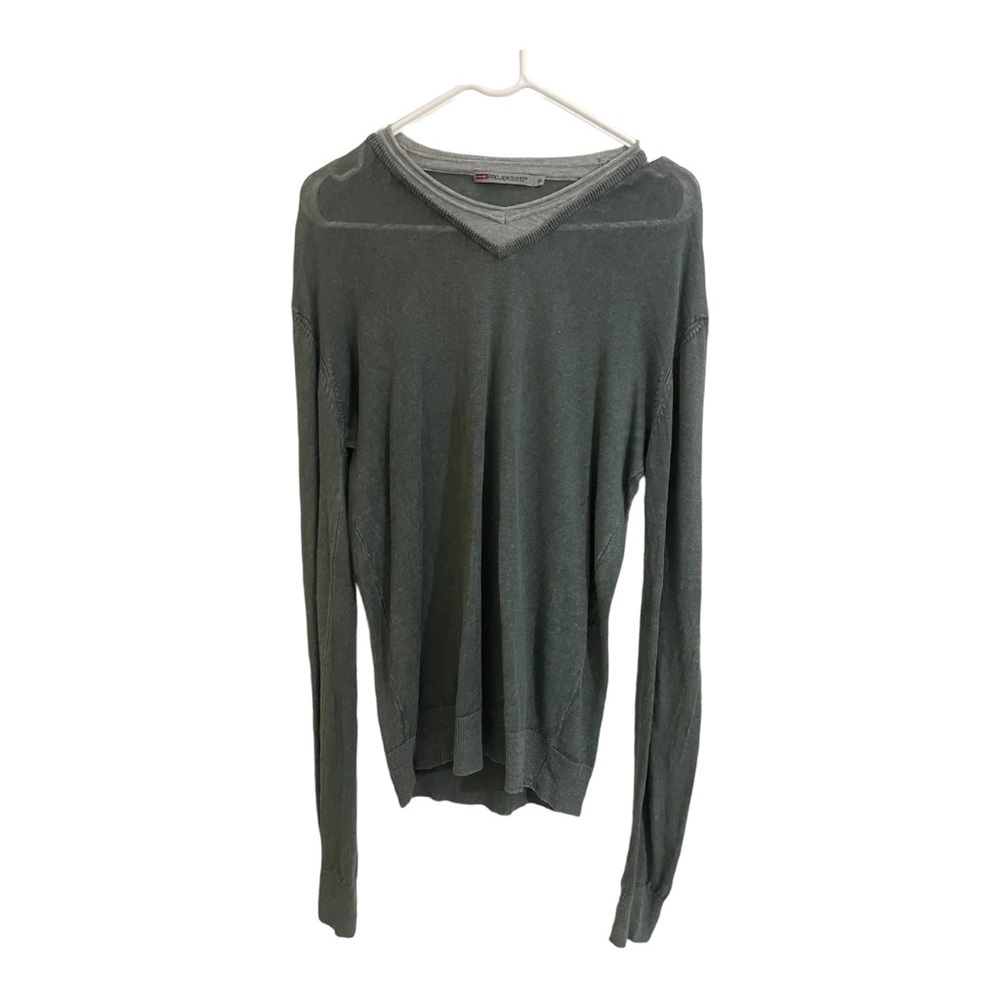 Projek Raw mens linen sweater double V-neck grey insert collar light green large